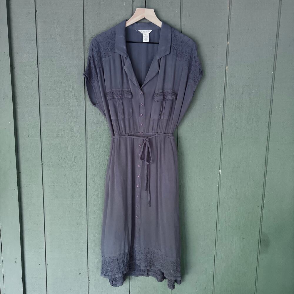 Sundance Slate Blue Lace Trim Gauze Midi Shirt Dress szS Boho Utility Cottage